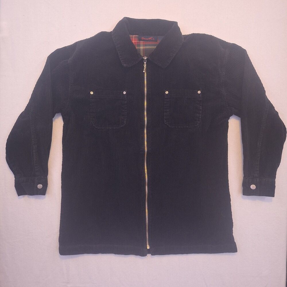 vtg Denim & Co Wide Wale womens Corduroy Black Jacket Chore Zip Front Small